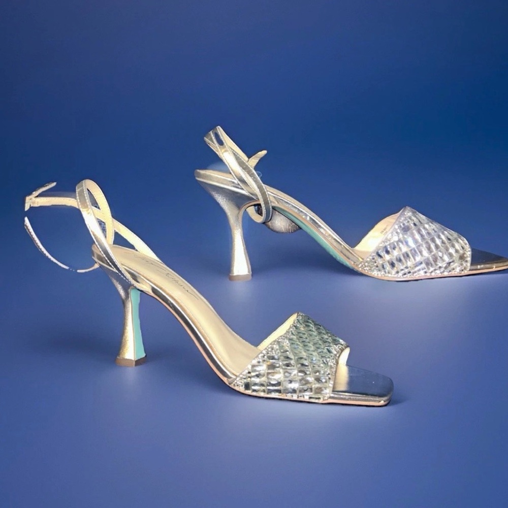 Betsy Johnson Britt Rhinestone Silver High Heel Sandals w/ Ankle Strap, Size 10M
